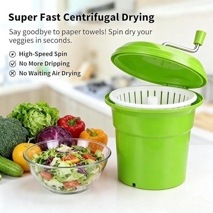 Heavy-Duty Vegetable Spinner, 12L Large Capacity Salad Dryer, Manual Lettuce Spinner for Commercial Catering, 3 Gallon Food-Grade Veggie Drainer for Restaurants, Food Trucks & Home Kitchens