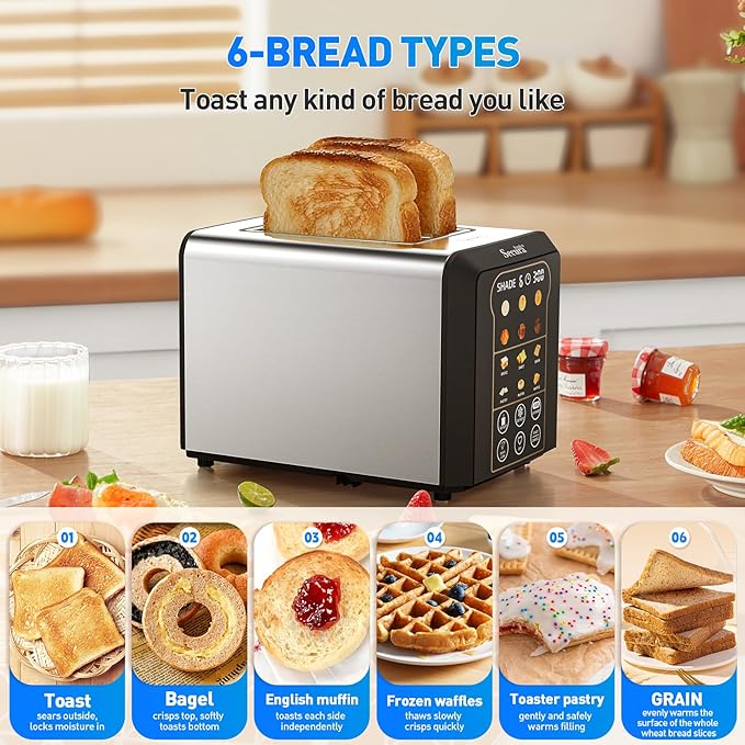 Secura Brands 2 Slice Automatic Toaster, Touch Screen Smart Toaster with Digital Timer, 6 Bread Types, 6 Browning Levels, Reheat/Defrost, +10s Extend, Custom Memory Settings for Home, RV, Office