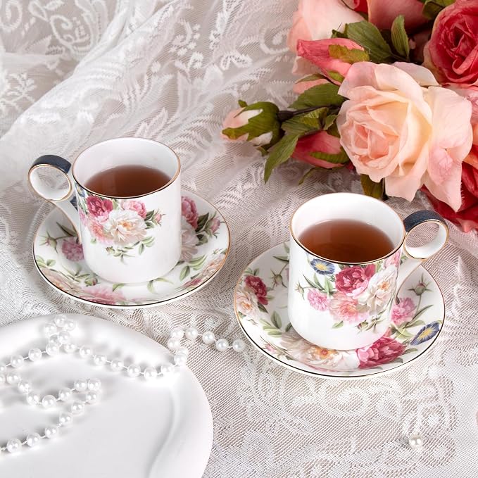 KAMMAK Tea Cups and Saucers Set of 2, Porcelain Coffee Cups, Stackable Espresso Mugs, Ceramic Demitasse for Coffee, Cappuccino, Latte, Americano, Tea, Gray