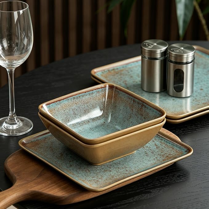 Square Melamine Dinnerware Sets, 12 Piece Plates and Bowls Set, Lightweight Dishes Set for Outdoor, Picnic, RV, Camping & Everyday Use, Service for 4