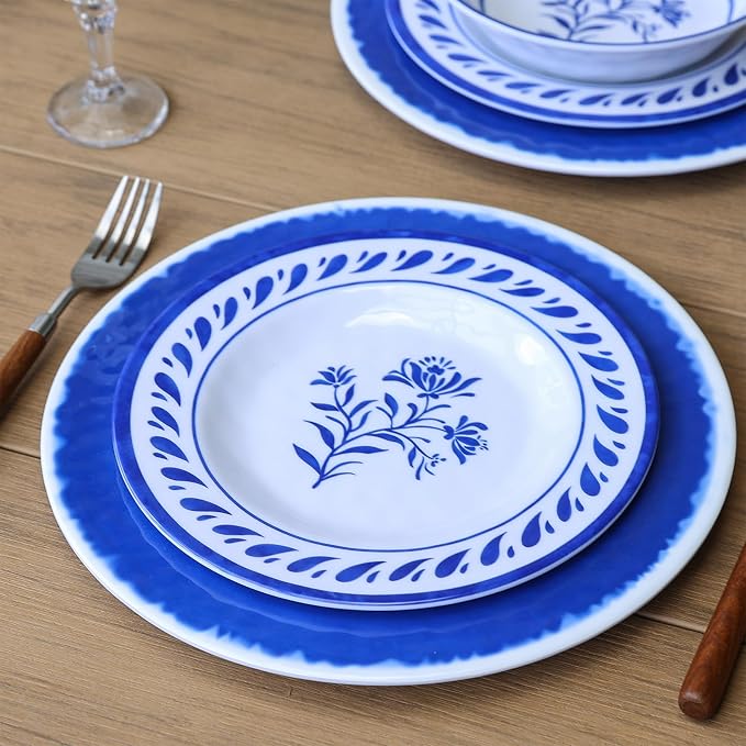Blue Melamine Dinnerware Sets,12-Piece Plates and Bowls Set for 4,Coastal Farmhouse Style Dish Sets,Chip Resistant & Dishwasher Safe,Dark Indigo Vintage Pattern for Outdoor Patio Everyday Use
