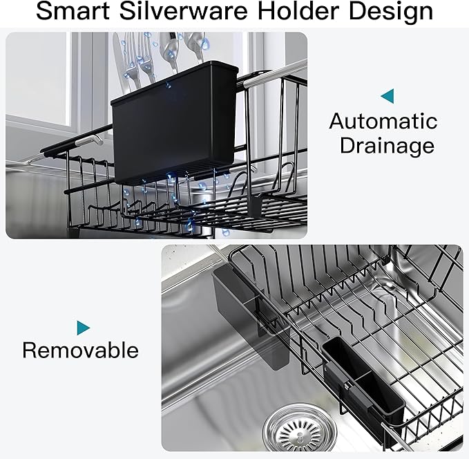 Dish Drying Rack Over the Sink In Stainless Steel Black Expandable Drainer for Small Kitchen, Counter Space Saving Compact Inside Sink Plate Dryer, Adjustable Hanging Metal Wire Strainer Drain Holder