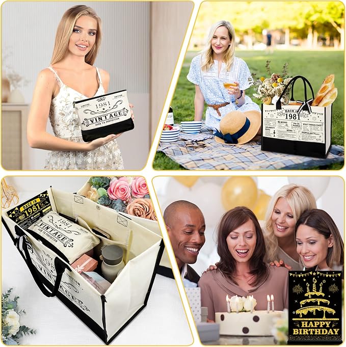 YeohJoy 45th Birthday Gift for Her Canvas Tote Bag Travel Gear, Unique 45 Years Old Birthday Gifts for Mom Wife Aunt Friends Her, Vintage 1981 Handbag & Makeup Bag & 45th Greeting Card