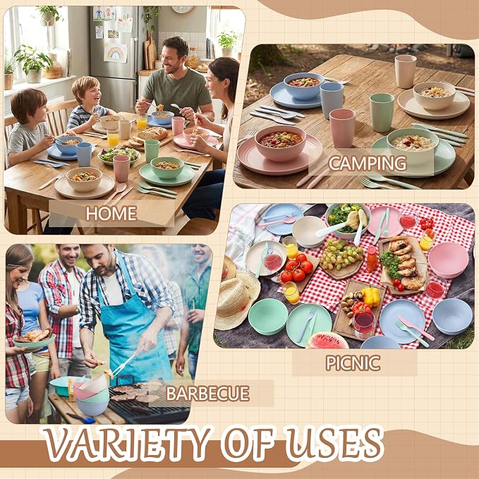 Zhehao 72 Pcs Wheat Straw Dinnerware Sets for 12 Dishwasher Microwave Safe Unbreakable Reusable Kitchen Cups, Plates, Bowls Cultery Sets for Patio, Outdoors, Rv, Camping Dishes(Macaron)