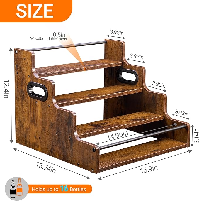 YQBRAO 2 Pack 4-Tier Liquor Bottle Display Shelf, 16-Inch Wooden Bar Shelves for Liquor Bottles, Countertop Whiskey Shelf and Bourbon Shelf Organizer for Home Bar, Kitchen (Rustic Brown)