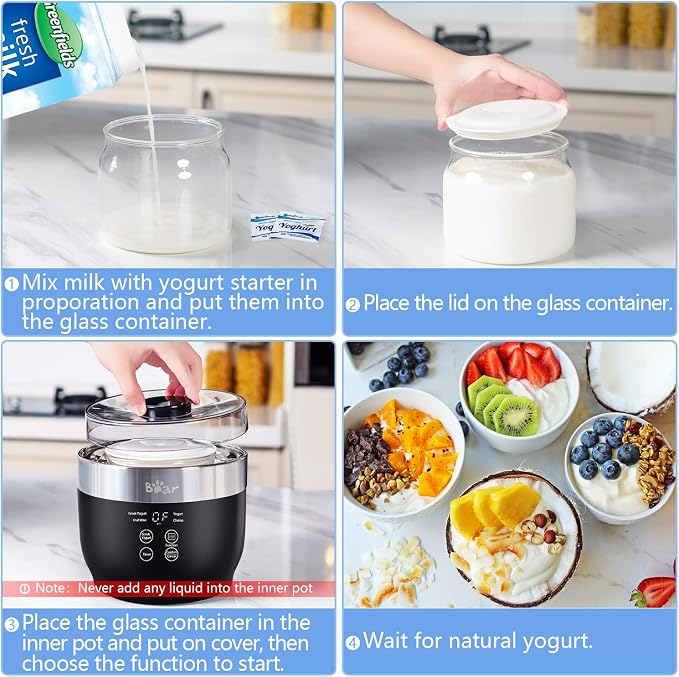 Bear Yogurt Maker, Greek Yogurt Maker Machine with Strainer and Timer Control, Stainless Steel Inner Pot, Automatic Digital with 2 Glass Jars 1 Quart for Home Organic Yogurt, Cheese, Fruit Wine