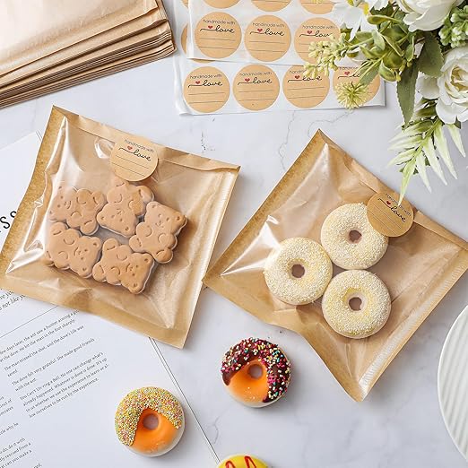 Outus 100 Pcs Cookie Packaging Bags with Seal, 5.7 x 6.5 Inch Bakery Pastry Bags with Window, Heat Sealable Grease Resistant Paper to Go Bake Sleeves for Gift Giving Donut Bread Sandwich (Brown)