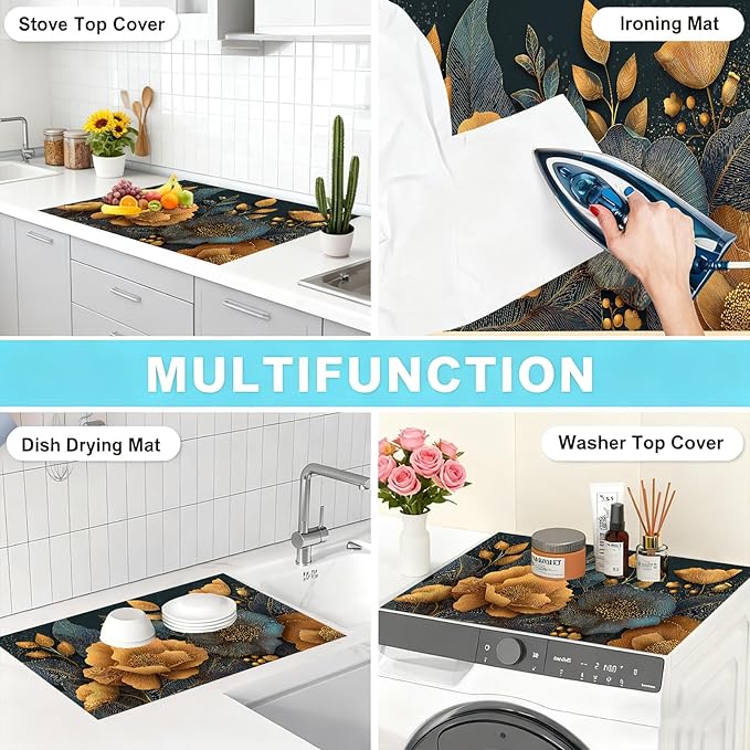 Luxury Floral Stove Top Covers for Electric Stove, 28.3 × 20.5 Inch Heat Resistant Cover, Gold and Navy Botanical Design, Decorative Electric Stove Cover Protector(flowers)