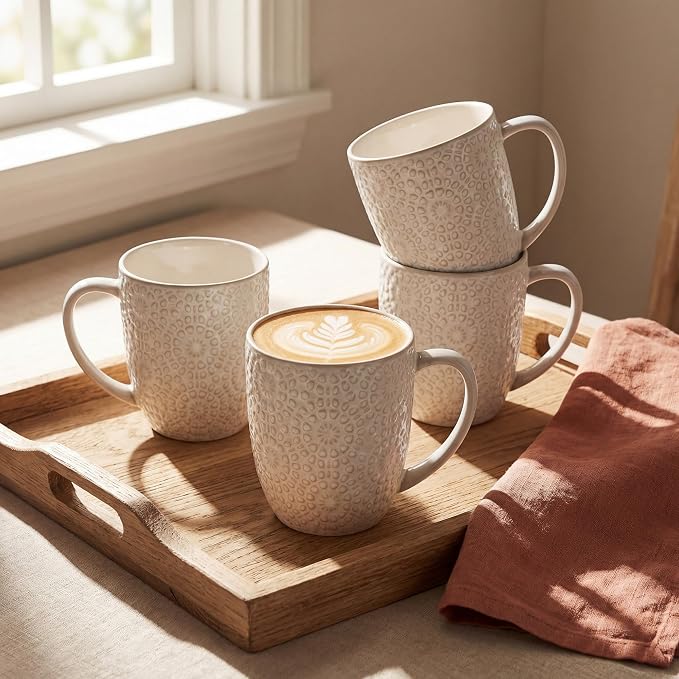 Coffee Mug Set of 4, 16 oz Ceramic Coffee Mugs, Large Embossment Cups, Vintage White Mugs Set for Latte, Cocoa, Hot Tea, Mocha, Housewarming Wedding Gifts, Dishwasher Safe, 3.5 x 4.5 inch