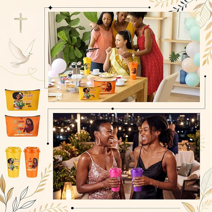 Hollowfly 12Set/48Pcs African Americans Black Women Christian Gifts Set Include 16oz African American Cup with Lid, Makeup Bags, Mirrors, Notepad, Black Owned Inspirational Gift for Women(Colorful)