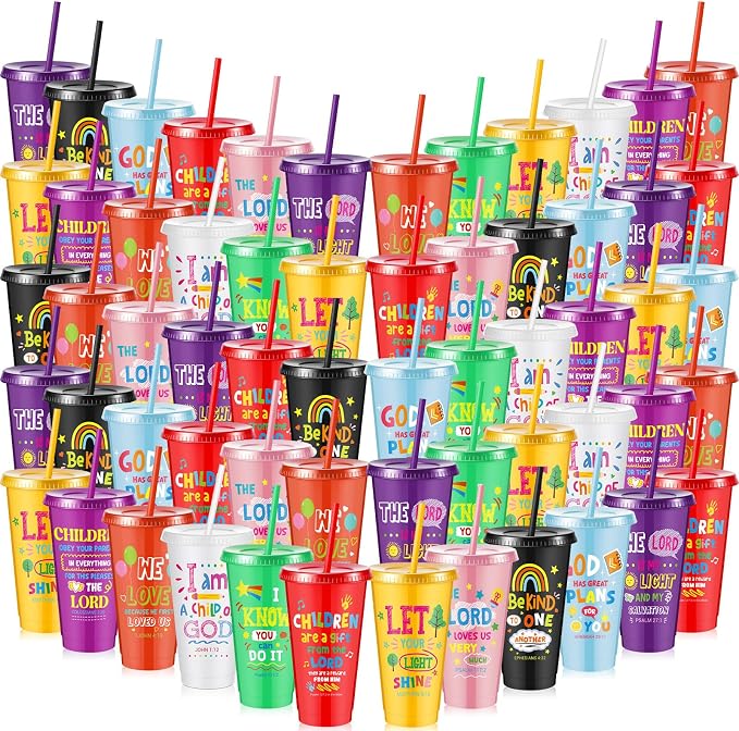 Uiifan 100 Pcs VBS Christian Cups for Kids Bulk, Reusable Plastic Tumblers with Lids and Straws, Bible Verse Cups for Sunday School, VBS, Church Events, Classroom Rewards, Kids Party (Multicolor)