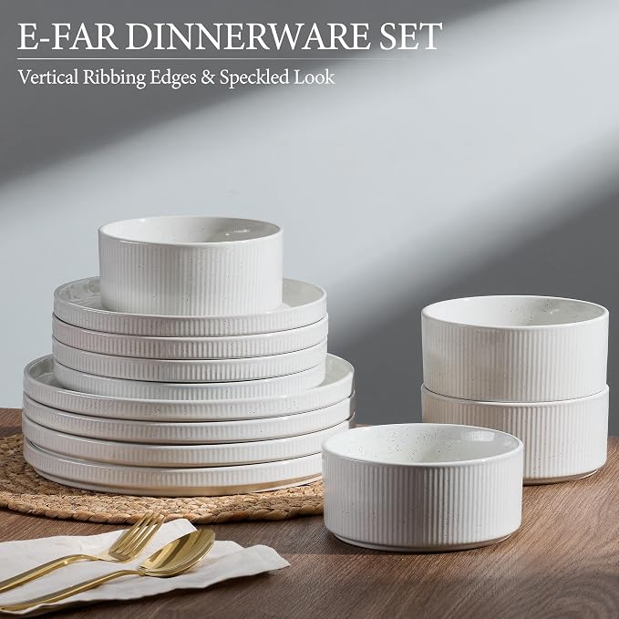 E-far 24-Piece Stoneware Dinnerware Sets, Plates and Bowls Sets for 8, Kitchen Modern Dinning Porcelain Dishes Set, Chip & Scratch Resistant, Dishwasher & Microwave Safe, Speckled White