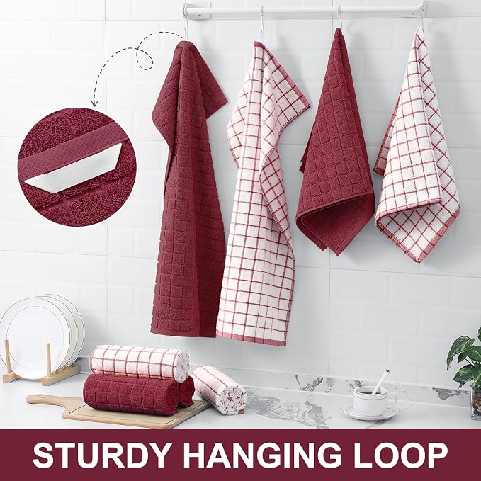 Homaxy Premium Cotton Kitchen Towels 16"x 28", Large Natural Ring Spun 390 GSM Dish Towels, Super Absorbent Terry Kitchen Hand Towels, Soft Tea Towels with Hanging Loop, Pure Red Check Design, 4 Pack