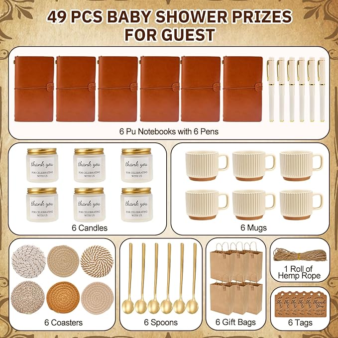 Baby Shower Prizes for Game Winners 6 Sets Baby Shower Games Prizes Ceramic Mugs with Metal Spoons Woven Coasters Notebooks with Pens Scented Candles Gift Bags Wedding Bridal Shower Favors for Guests