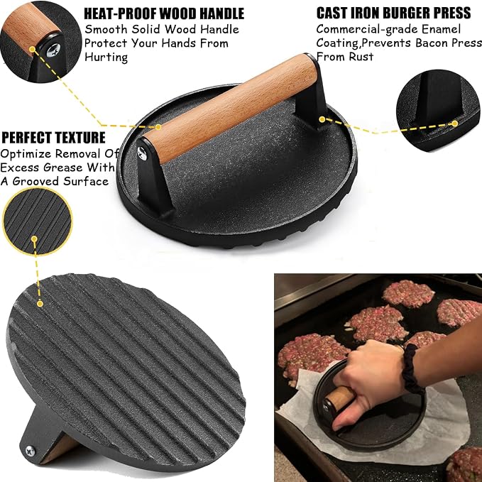 Smash Burger Kit, Heavy-Duty Round & Rectangle Cast Iron Smash Bacon Press, Spatula, Hamburger Stuffed Patty Maker & Patty Papers, Burger Tool for Blackstone Grill and Griddle Accessories Barbeque