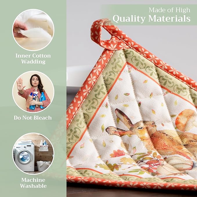 Maison d' Hermine Pot Holders Set 100% Cotton Heat Resistant Potholders 8" x 8" Hot Pads with Loop for Thanksgiving Christmas Decorations BBQ Baking Handling Hot Pans (Pack of 2, Pumpkin Passion)