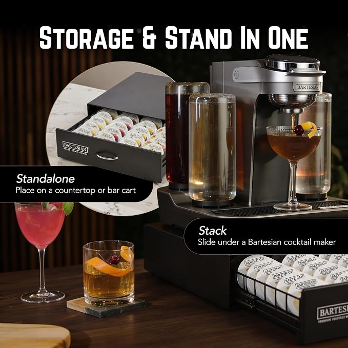 Bartesian Carbon Steel Cocktail Capsule Drawer - Black Storage Organizer Holds Up to 36 Bartesian Capsules - Space Saving Under Cocktail Machine Design for Home Bar & Countertop Organization