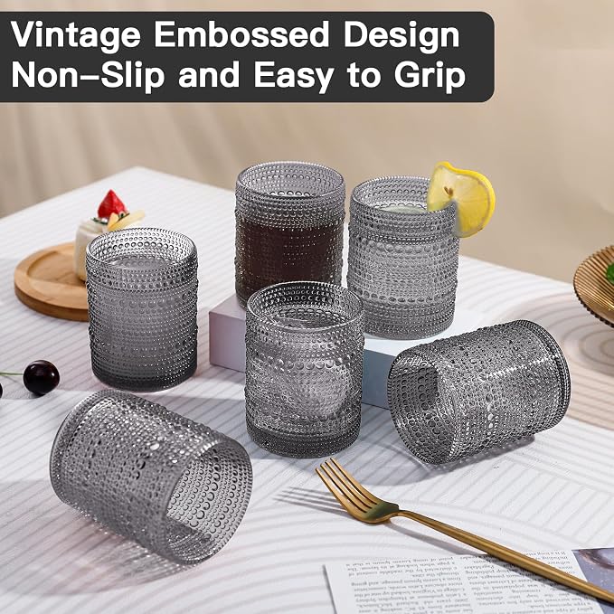 JOVGANK Grey Vintage Hobnail Drinking Glasses Set of 6, Embossed Water Tumbler 12oz, Kitchen & Bar Beaded Glass Cups, Beverage Glass Cups for Water, Beer, Juice, Gift for Housewarming Mother's Day