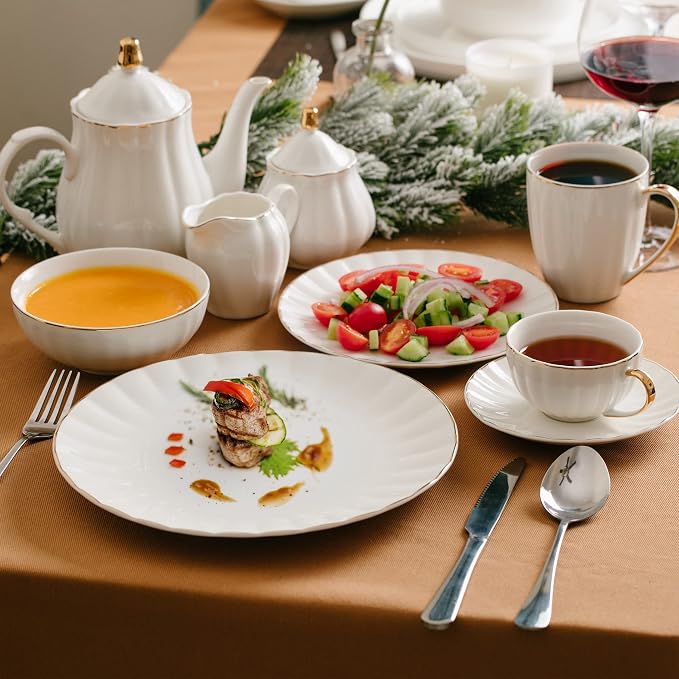 BTaT- Cappuccino Cups with Saucers 7 oz, Set of 6, Golden Trim Design | White Porcelain Coffee Cup Set, Dishwasher Safe, Ideal for Mocha Tea Au Lait Flat