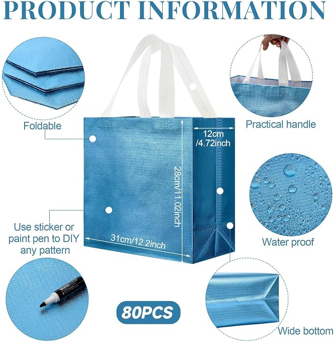 Eccliy Reusable Gift Bags Set Glossy Grocery Gift Tote Bag with Handle for Wedding, Bridal Shower, 4th of July, Summer Event(12 x 11 x 4.7 I Inch,Lake Blue,80 Pcs)