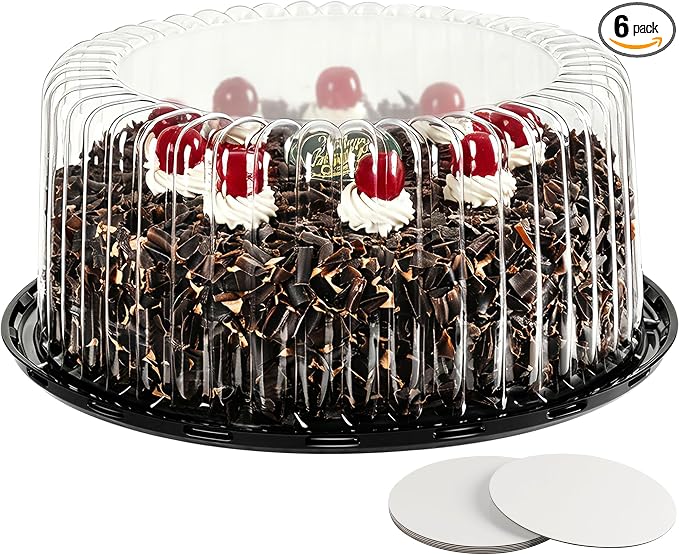 6-Pack Cake Carrier Holder Container for 10 Inch Round Cakes - Plastic Disposable Cake Containers, Take Out Storage w/Clear Dome Lids, Black Base Serving Trays, White Cake Boards, 12 x 5 Inches