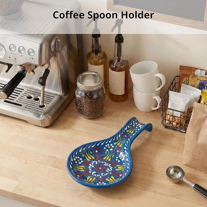BCS Ceramic Spoon Rest, Large 9” Hand Painted Spoon Holder for Stove Top & Kitchen Counter, Dishwasher Safe & Heat Resistant Utensil Holder, Floral Kitchen Decor, Handmade Pottery