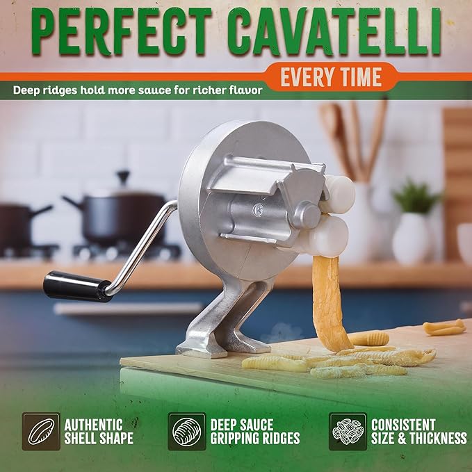 Cavatelli Pasta Maker Machine - Traditional Italian Cast Aluminum Body with Rollers, Clamp & Handle - Gnocchi & Shell Pasta Tool