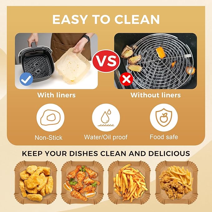 Boribim 8 Inch Air Fryer Paper Liners, 360 PCS Square Air Fryer Disposable Liners - AirFryer Accessories - Non-Stick and Oil Proof Air Fryer Parchment Paper Liners for 5-8QT Basket Oven Microwave