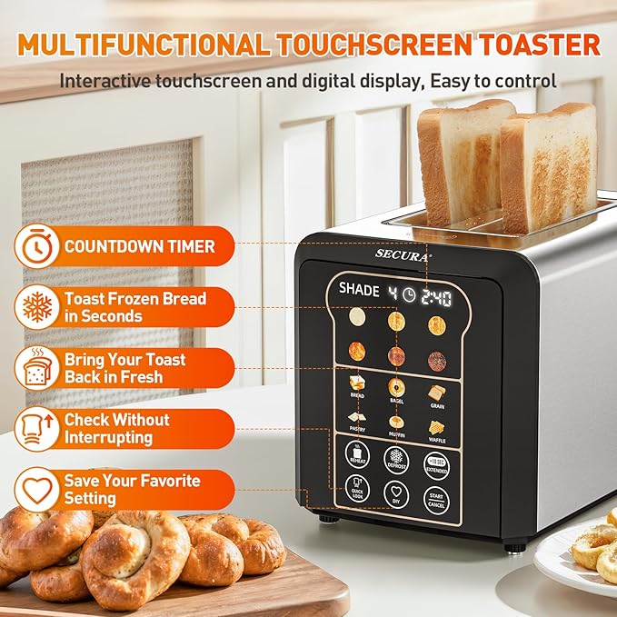 Secura 2 Slice Automatic Toaster Touch Screen Smart Toaster with Digital Timer 6 Bread Type & 6 Browning Levels, Reheat, Deforst, +10s Extended Customizable Memory Settings Great for Home, RV, Office