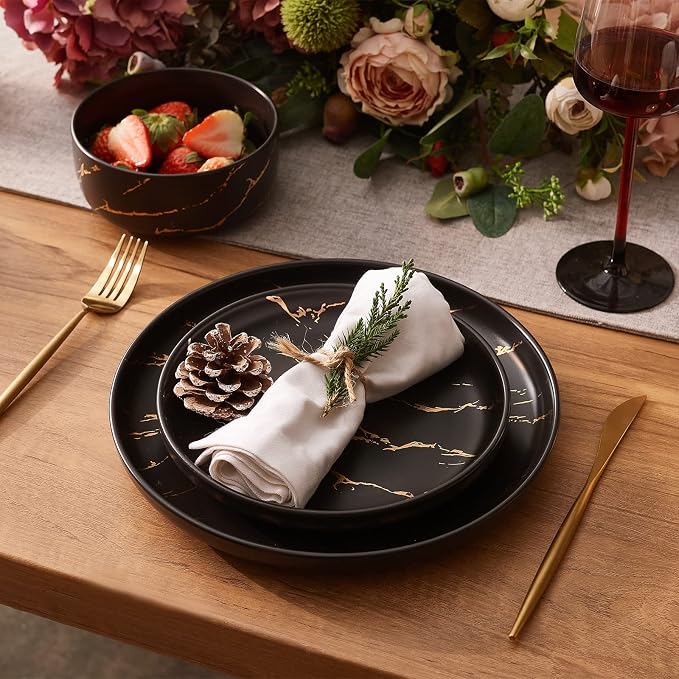 Pokini Black Gold Splash Dinnerware Sets, Marble Porcelain Plates and Bowls Sets, Modern Luxury Dish Set for 4, 12 Pieces Fine China Plates Set for Formal Dinners and Anniversaries