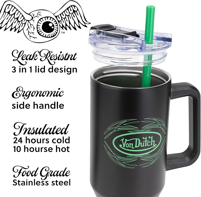 Von Dutch Venom Stripe 40oz Double Walled Insulated Food Grade Stainless Steel Tumbler, BPA Free - 24 Hours Cold / 10 Hours Hot