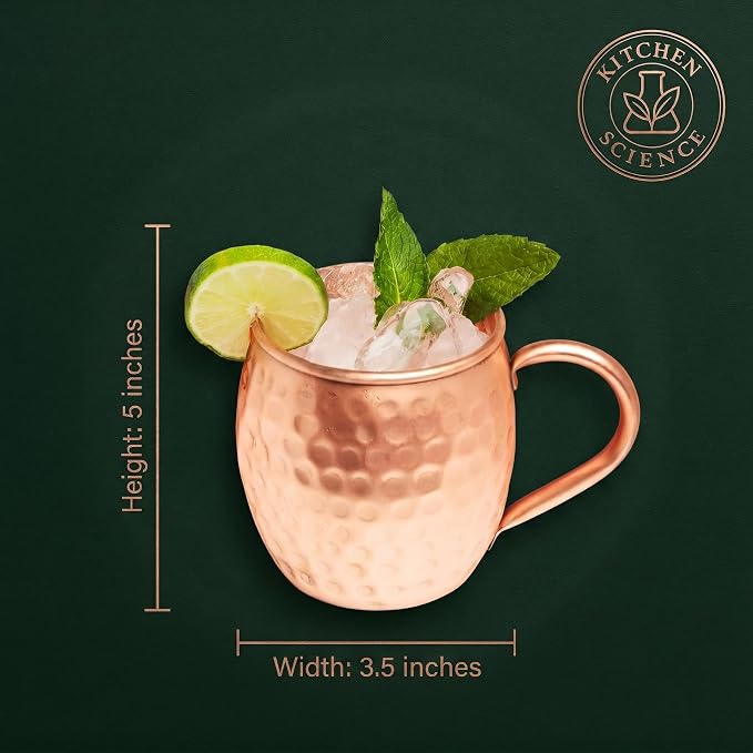Kitchen Science Premium Hammered Copper Moscow Mule Mugs Set of 6 | Food-Graded-Lacquer Coating | Thick Wall- Cocktail Cups with Welded Handles | Ideal for Cocktails, Beer & Gifting