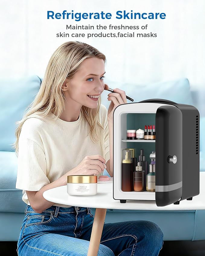Electactic Mini Fridge for Skincare, 4L/6 Cans Portable Compact Cosmetic Fridge, Retro Desktop Fridge with AC/DC Adapters, Small Cooler and Warmer for Beverage, Makeup, Bedroom, Office, Kids, Black