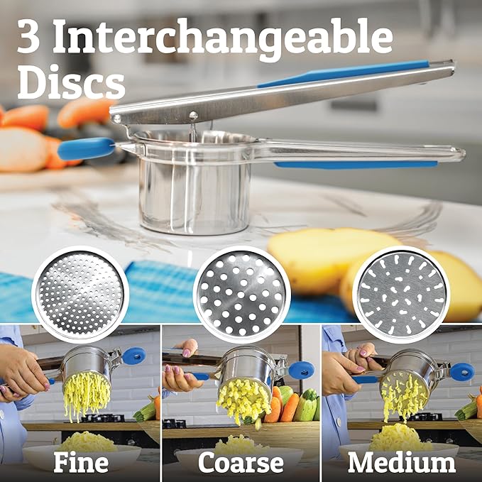 PriorityChef Large 15oz Potato Ricer With 3 Discs, Heavy Duty Stainless Steel Potato Ricer for Mashed Potatoes, Potato Masher, Press and Ricer Kitchen Tool, Blue