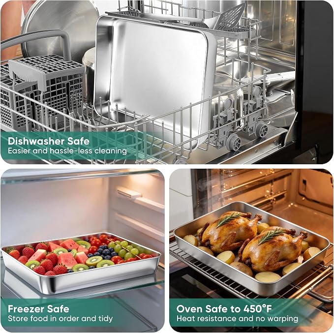 E-far Lasagna Pan, Stainless Steel Rectangular Baking Pan, 12⅓x9¾x2 Inch Sheet Cake Pan Metal Bakeware Oven Tray for Brownie Casserole, No-Toxic & Heavy Duty, Rust-Resistance & Dishwasher Safe