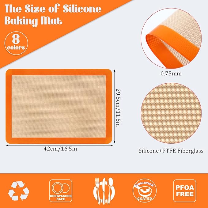 Nuanchu 8 Pieces Silicone Baking Mat Non-stick Silicone Baking Half Sheet 16.5'' x 11.6'' Silicones Cookie Sheet Easy Clean Oven Cookie Liner for Oven Making, Macaroon, Bread Pastry (Orange)