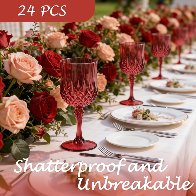 Plastic Wine Glasses, Plastic Goblets Vintage Style Cordial Unbreakable Drinking Glasses, Reusable Drinkware for Wedding Reception, Grand Event Party Supplies (24, Burgundy)
