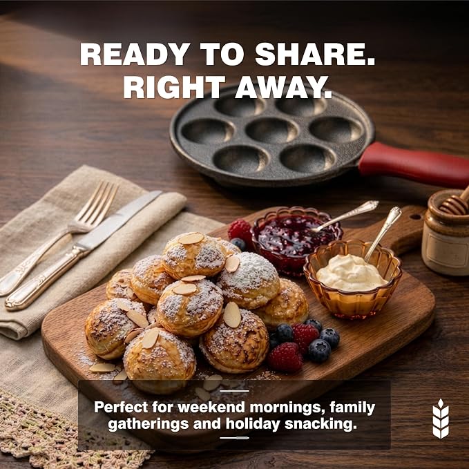 KUHA Cast Iron Aebleskiver Pan | Pre-Seasoned Pan for Authentic Danish Pancake Making, Poffertjes, Takoyaki, Appam & Paniyaram | Silicone Handle, Oven Mitt & Bamboo Skewers Included | 7.9" Diameter