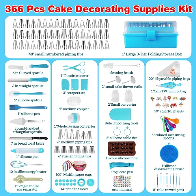 366-Piece Cake Decorating Kit, 60 Piping Tips with Storage Box | Complete set with 60 stainless steel piping tips, 100 piping bags, spatulas, scrapers, molds and a 3-tier storage box.