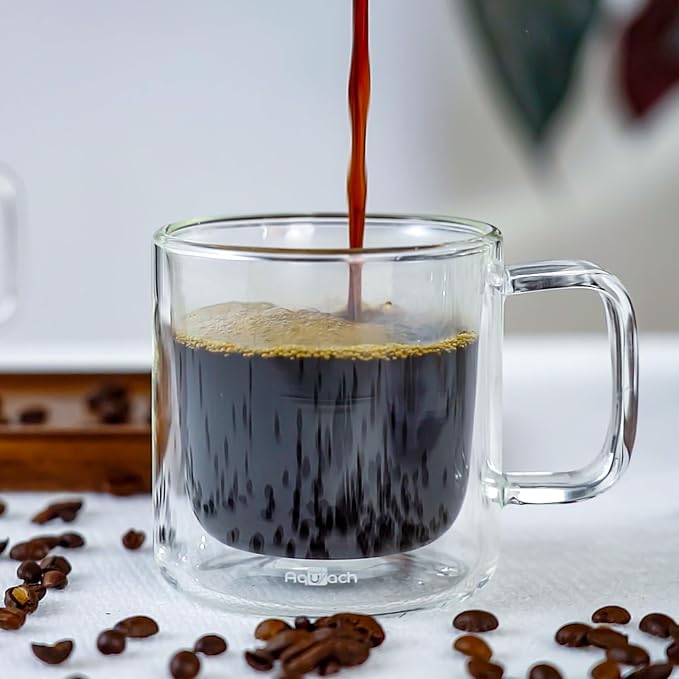 Aquach 8oz Double Walled Glass Coffee Mugs 2pcs, Insulated Espresso Cups | Dishwasher/Microwave Safe, Borosilicate Glass, Double-walled, Smooth Rim, Comfort Handle, Small Capacity