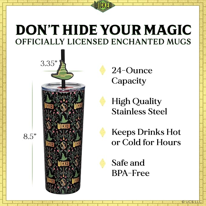 Dragon Glassware Wicked 24 oz Vacuum Insulated Tumbler with Lid and Straw - Tumbler Cup with 2 Straws - Stainless Steel Tumbler with Straw Topper for Water, Iced Tea - Enchanted
