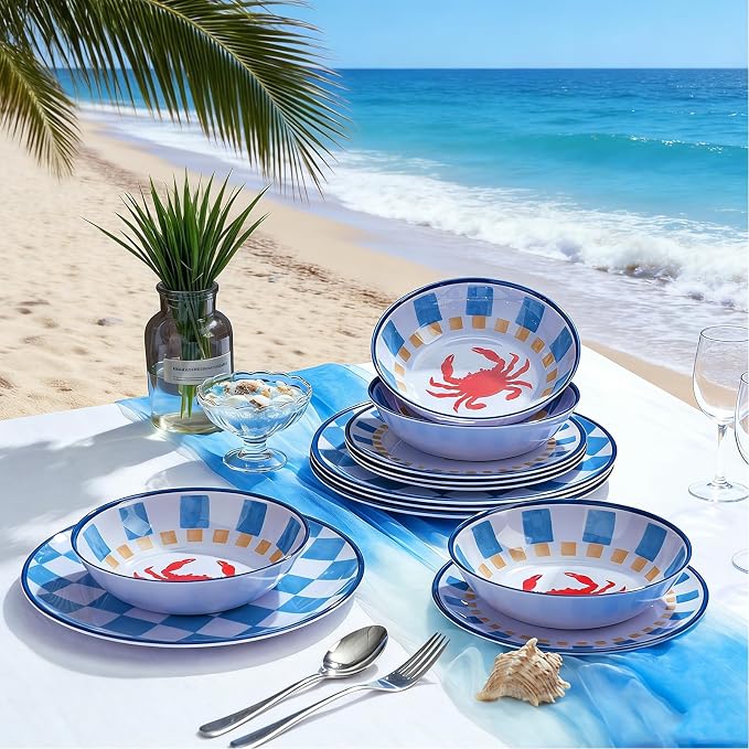 Webbylee Gingham Crab Pattern Melamine Dinnerware Sets 12 Pcs, Unbreakable Plates and Bowls Sets, Ocean Dinner Plates, Dishwasher Safe, Picnic, Camping,Gift,Blue Dish Set