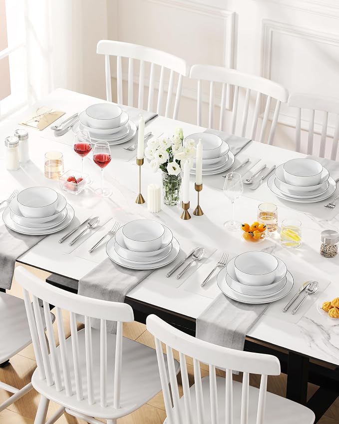 MALACASA 24 Pieces Gourmet Porcelain Dinnerware Sets, Premium Plates and Bowls Set, High-Fired Dishes Set for 6, Chip & Scratch Resistant, Microwave Dishwasher Safe, White & Black Rim, Series LEXI