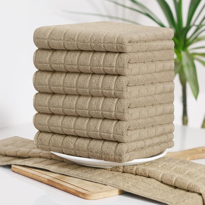 Homaxy Premium Cotton Kitchen Towels 16"x 28", Large Natural Ring Spun 390 GSM Dish Towels, Super Absorbent Terry Kitchen Hand Towels, Soft Tea Towels with Hanging Loop, Pure Tan Design, 6 Pack