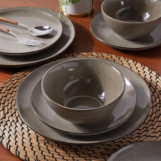 famiware Tempus Plates and Bowls Sets for 8, 24 Pieces Stoneware Dinnerware Sets, Dishes Set, Reactive Glaze Dishware Sets, Dishwasher & Microwave Safe - Dark Olive