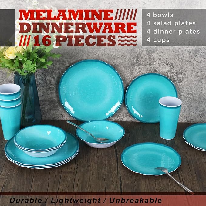 Melamine Dinnerware Set for 4-16 Pcs:Camping Dishes Set with Dinner Plates,Salad Plates,Bowls and Cups.Lightweight and Unbreakable.Indoor and Outdoor Use.