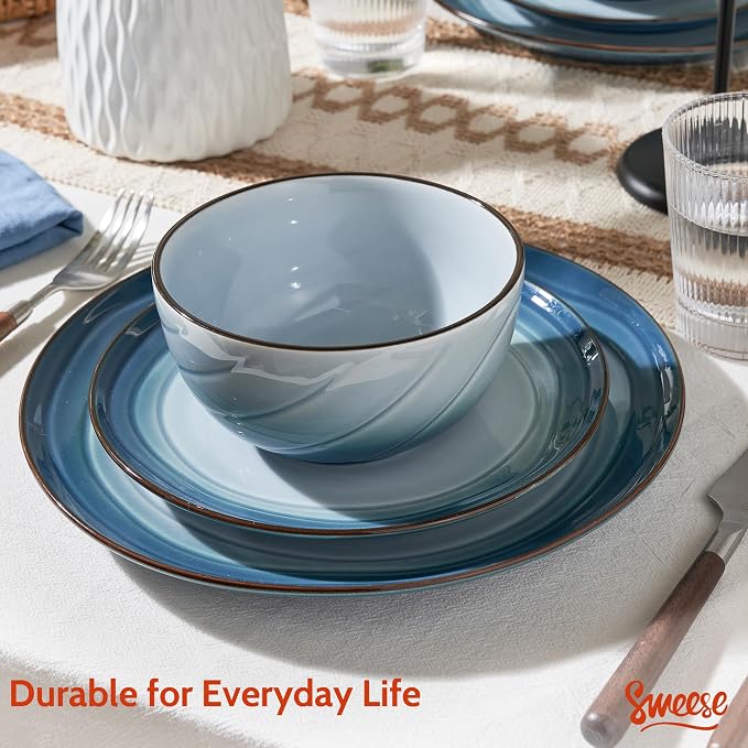 Sweese Porcelain Dinnerware Sets for 6, 18 Pieces Plates and Bowls Sets, Handcrafted Minimalist Dinner Set, Chip and Scratch Resistant Dish Set, Dishwasher & Microwave Safe, Ocean Blue