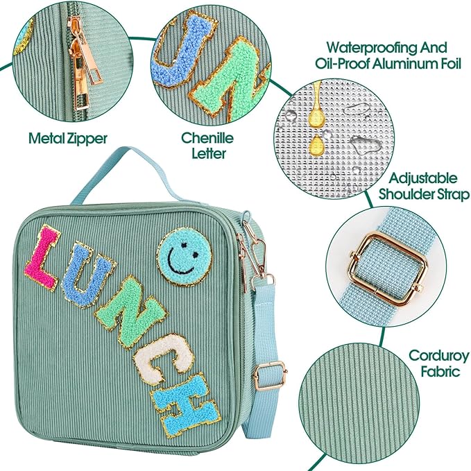 Lunch Box with Bento Box, with Leak Proof Thermo Food Jar, Preppy Corduroy Insulated Lunch Bag for Boys Girl Kids Teens School Travel Picnic