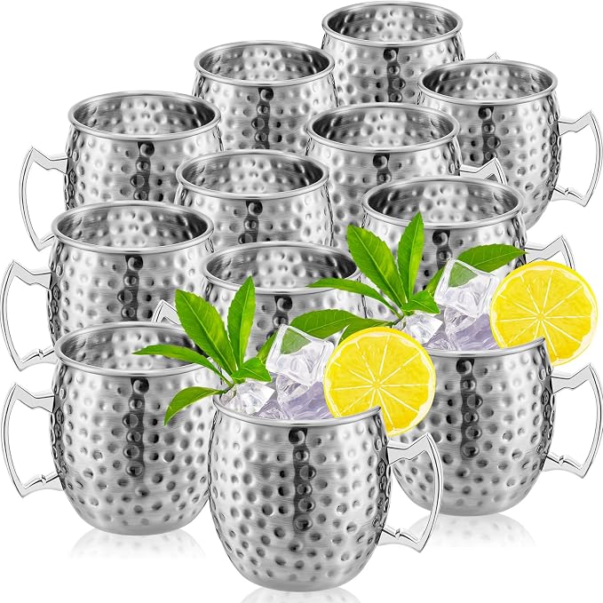 Tessco 12 Pcs Moscow Mule Mugs 16 oz Copper Mugs Kit 304 Hammered Copper Plated Stainless Steel Mule Cups for Cold Drinks Coffee Beer Wine Chilled Drink(Trendy Style,Silver)