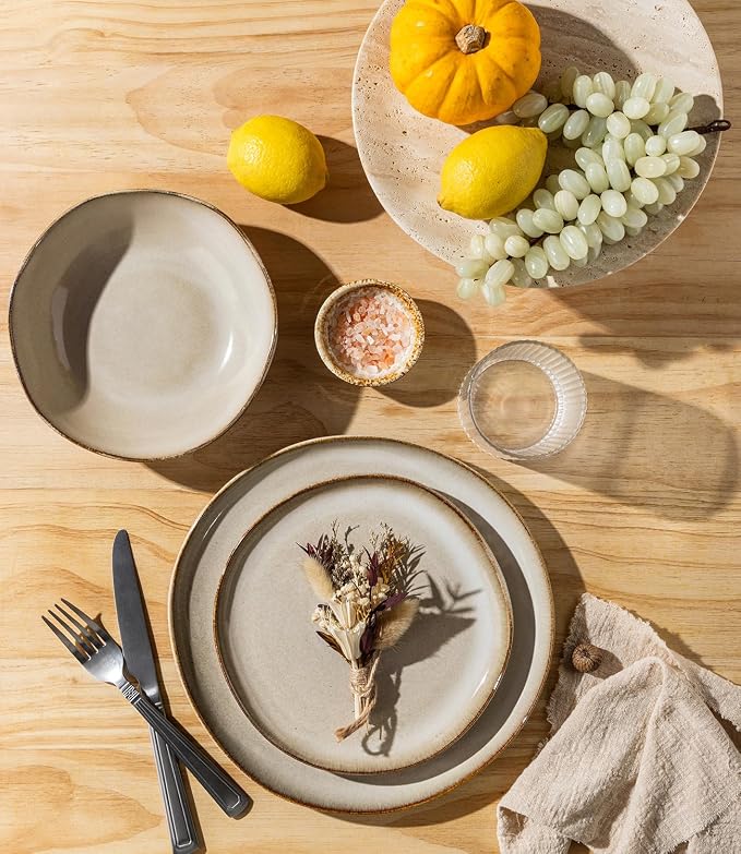 GBHOME Stoneware Dinnerware Sets for 6, 18 Pieces Rustic Earthenware Plates and Bowls Set, Handmade Reactive Glaze Ceramic Plate Sets, Chip Resistant Dishes, Microwave & Dishwasher Safe, Oatmeal Linen